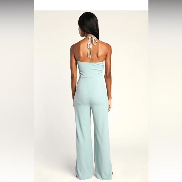 Lulu’s Easy Afternoon Light Blue Ribbed Knit Halter Lounge Jumpsuit - Picture 3 of 5